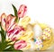 Easter greeting card with nest full of eggs and tulips