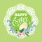 Easter greeting card with paper egg, ribbon, forget-me-not spring flowers and round lace frame on green background, calligraphic