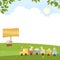 Easter greeting card, Spring background with bunny hunting Easter eggs and train carrying eggs on hills, Vector Cute cartoon