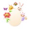 Easter greeting card template - Easter bunny, chicken, flower, sheep bee-eater bird and butterfly celebrate Easter around egg - is