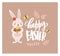 Easter greeting card template with funny adorable bunny or rabbit holding bouquet of gorgeous spring flowers and holiday