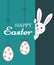 Easter greeting card with text happy easter and cute bunny rabbit looking behind the wall and hanging easter eggs with