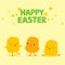 Easter greeting card with three cute cartoon baby chicks and text saying Happy Easter