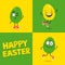 Easter greeting card with three funny eggs making silly face expressions