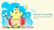 Easter Greeting Little chicken sitting on a painted egg flat vector illustration banner for holiday design decoration