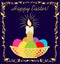 Easter greeting navy blue card with golden candle and rays, basket with painted eggs and floral vignette