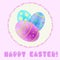 Easter greeting with turquoise; blue; purple painted eggs