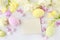 Easter greetings background with spring flowers: tulips, freesias and hyacinth