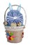 Easter handmade  basket  from  paper and pasta with  lonely sad   blue bunny isolated
