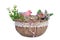 Easter handmade  nest   from canvas  and  flowers with  funny pink   clay bird and quail eggs  isolated