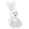 Easter Hare. Coloring page with colorless cartoon Rabbit and basket full of eggs. Template of coloring book with Hare for kids.