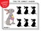 Easter Hare. Find the correct shadow of Rabbit with Eggs. Task with answer. Cute cartoon Bunny. Learning matching game.