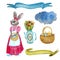 Easter with hens, Easter eggs, basket of eggs, flowers in a watering can, clouds and ribbons.