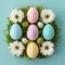Easter holiday arrangement from top view pastel eggs, white blooms