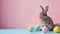 easter holiday background with cute bunny, colorful eggs