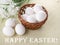 Easter holiday background. Eggs in a wooden basket and the first spring white flowers on a wooden background. With congratulatory