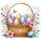 Easter holiday basket with colorful eggs and plant herbs with flowers and leaves watercolor paint