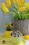 Easter holiday composition with yellow tulips on wooden table