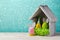 Easter holiday concept with cute handmade egg and bird house