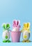 Easter holiday concept with cute handmade eggs, bucket and bunny ears.