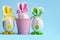 Easter holiday concept with cute handmade eggs, bucket and bunny ears