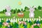 Easter holiday greeting card on paper art background,cute rabbits happy on spring garden with blooming pink flowers and easter