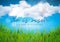 Easter Holiday illustration with cloud and green grass on blue sky background. He is risen. Vector Christian religious