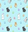 Easter holiday pattern design with cute little bunnies illustration and colored traditional eggs on blue background. - Vector