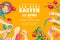 Easter holiday poster. Horizontal egg hunt banner or flyer. Kids painting Easter eggs, vector illustration