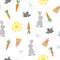 Easter holiday traditional celebration bunny, bird, sun, dragonfly, carrot, bell colorful seamless pattern