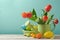Easter holiday with tulip flowers and egg decorations in basket