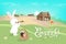 Easter, holiday, white cute bunny looking through binocular, egg hunt poster, agriculture landscape fresh sky scene, rabbit