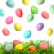 Easter holidays decoration. Colored eggs in green grass