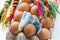 Easter holidays and the price of eggs in Poland. The concept of rising inflation, Traditional festive Easter palms, a tray of eggs