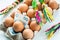 Easter holidays and the price of eggs in Poland. The concept of rising inflation, Traditional festive Easter palms, a tray of eggs