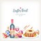 Easter horizontal festive food background with traditional easter eggs and cakes