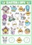 Easter I spy game for kids. Searching and counting activity with cute kawaii holiday symbols. Spring printable worksheet for
