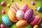 Easter illustrated background. Easter decorated eggs with rabbit ears and multicolored dotted eggs on a pink background.