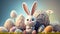 Easter Joy: Bunny with Colorful Easter Eggs on Seasonal Background- ai generated.