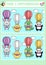 Easter kawaii find differences game for children. Attention skills activity with cute hot air balloons with animals flying in the