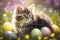 Easter Kitten, Baby Cat with Easter Eggs, Springtime Baby Animal, Blooming Flowers, Cute Pet