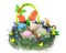 Easter kulich with painted eggs, funny chicken and bunny