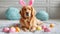 Easter labrador portrait: bunny ears, colored eggs in the room, holiday concept
