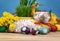 Easter lamb cake and beautiful hand painted easter eggs stock images