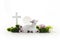 Easter lamb, eggs and cross on white background. Catholic Easter background