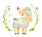 Easter lamb with pink butterfly and flower wreath.