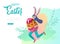 Easter landing page template with cartoon characters people with painted eggs and rabbit. Girl with bunny ears jumping