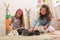 Easter - Little girls stroking the rabbits, hand beets