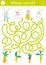 Easter maze for children with bunny family and carrots. Holiday preschool printable educational activity with rabbits and