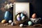 Easter mock-up with eggs with copy space. Mockup frame with spring and eggs decorations for easter celebration in april. Stylish